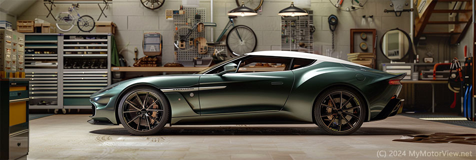 Green Aston Martin Zagato in a garage