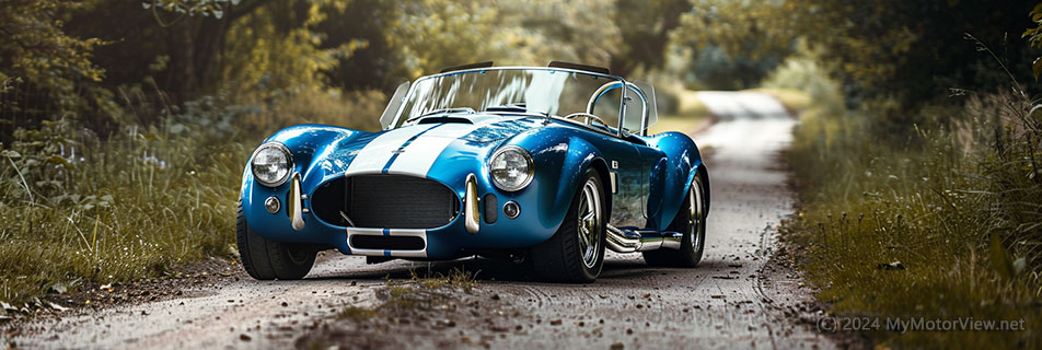 Blue AC Cobra on a dirt road